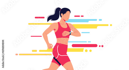 Vibrant Runner Checking Smartwatch and Exercising with Energetic Background Lines