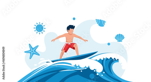 Vibrant Summer Surfing Adventure on a Blue Wave with Sun and Beach Elements