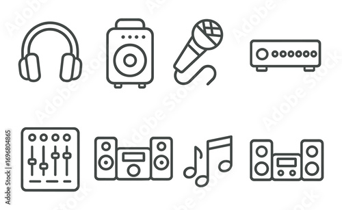 Audio equipment icons: headphones, speaker, microphone, equalizer, music notes, stereo systems