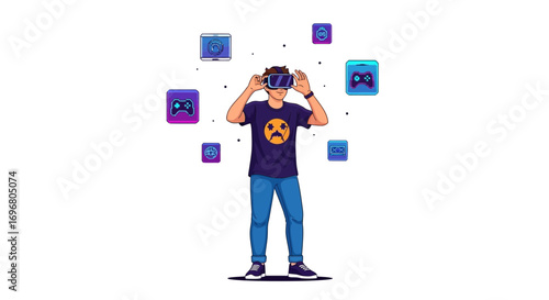 Virtual Reality Gamer Experiencing Metaverse, Modern Technology, Immersive Experience Illustration