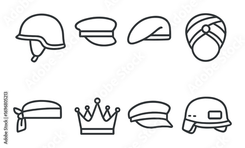 Outlined hat collection: helmets, caps, turban, and crown illustrations