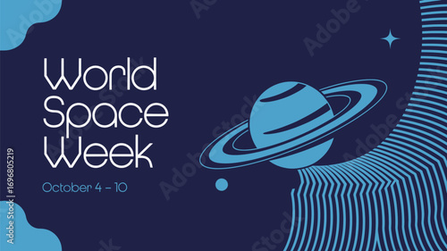 Vector art of world space week celebration with a stylized planet and rings on a dark blue background