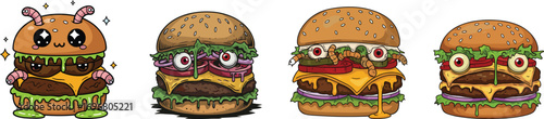 Cartoon hamburgers with cute, spooky, and classic styles, dripping cheese, monster eyes, slime, and vibrant toppings for fun food themes