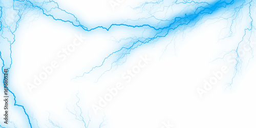 Massive lightning bolt with branches isolated on white background. A brilliant flash of lightning lights up the gloomy dark sky amidst a thunderstorm, energetic and mysterious, ideal for futuristic.