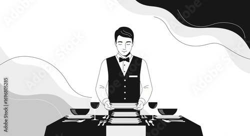 Waiter Carefully Presenting Dinnerware for a Special Service or Upscale Dining Event