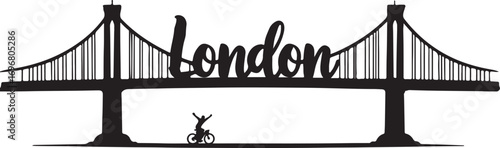 Black silhouette of a suspension bridge with the word London in script and a cyclist celebrating below
