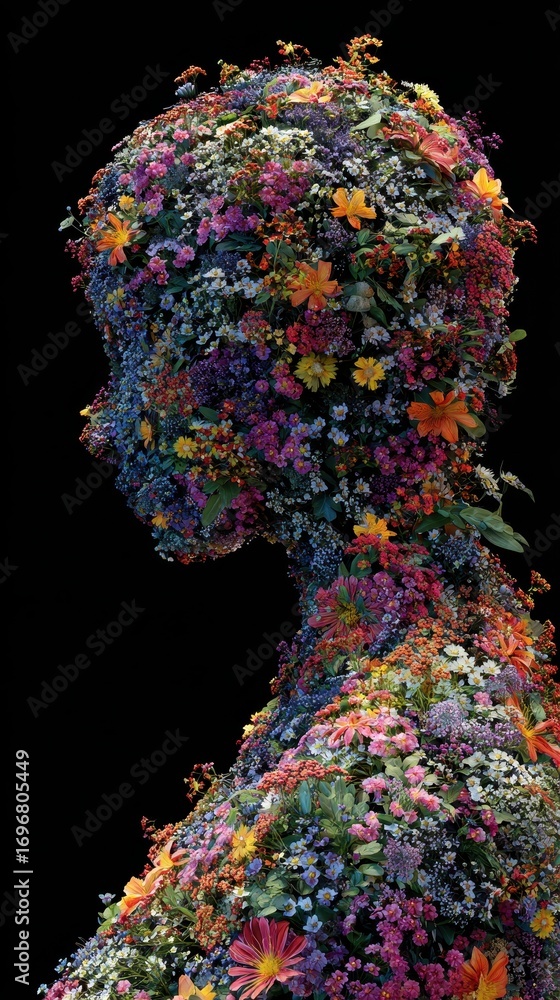Obraz premium Human body covered in colorful flowers against a black background.