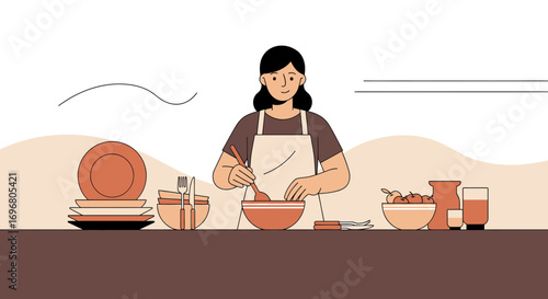 Woman Preparing Meal With Dishes And Ingredients In A Modern Kitchen Setting