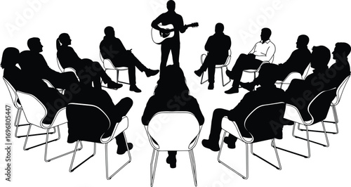 Group silhouette with guitar player in center, showing music sharing, emotional bonding, and community gathering for vector art themes.