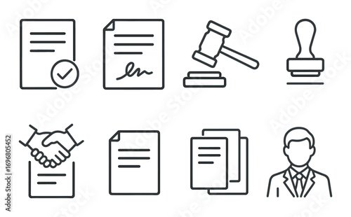 Legal document icons including gavel, stamp, contract, and businessperson silhouette on black background