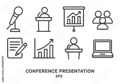 Icons for conference presentation: microphone, graph, laptop, speaker, audience, document