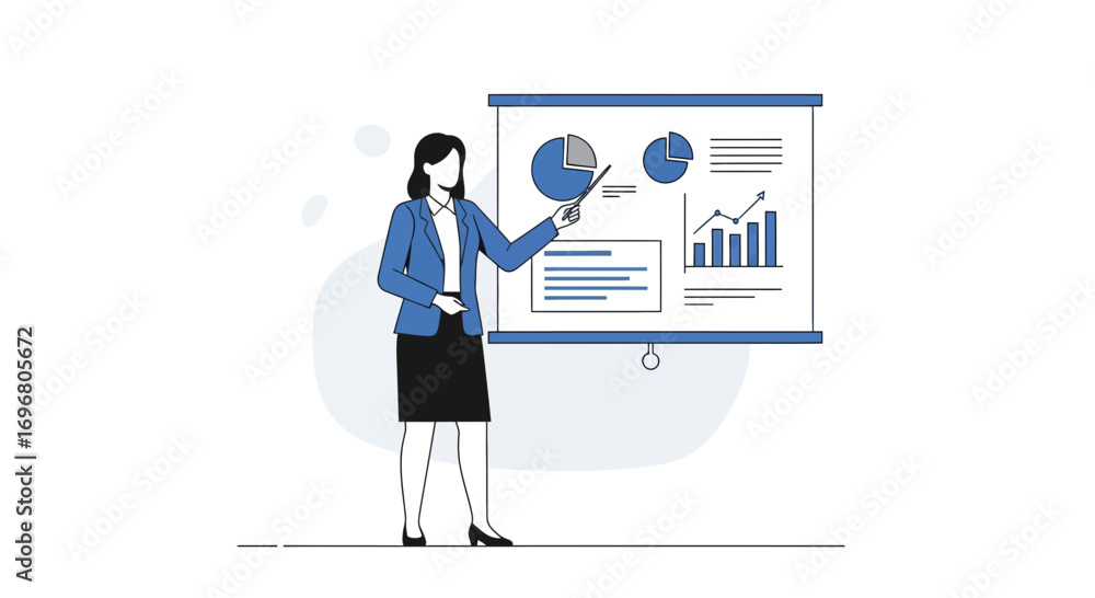 Fototapeta premium Woman Presenting Data Graphics And Pie Charts On Digital Presentation Screen