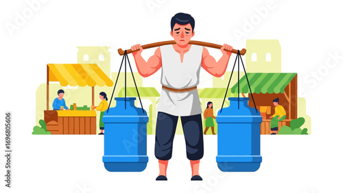 Water Carrier: A hardworking individual carries heavy water containers in a market setting, showcasing labor and essential service in the community.