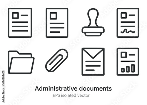 Administrative documents icons: files, stamps, paperwork, graphics, office supplies