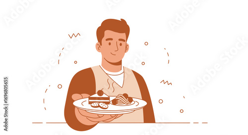 Waiter Presenting Desserts From Plate, Delightful Food Illustration With Warm Colors And Smiling