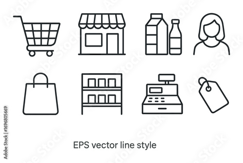 Retail icons set featuring shopping cart, store, bottles, female profile, and more