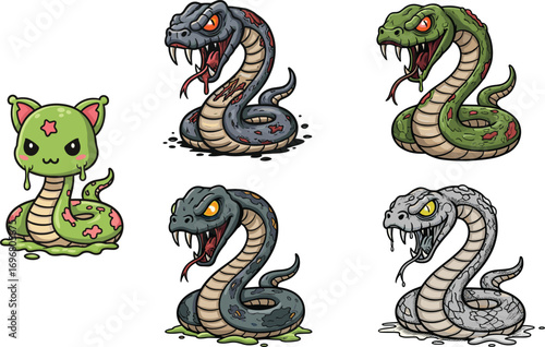 Cartoon snake monsters with fierce and cute expressions, colorful bodies, fantasy evolution, hybrid cat-snake character, spooky and whimsical style