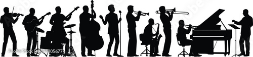 Jazz band silhouette vector with diverse instruments and conductor, capturing musical collaboration, performance energy, and artistic ensemble themes.