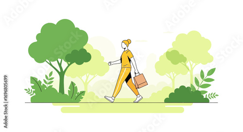 Woman Strolling In the Park with Handbag Under a Serene Green Tree Landscape