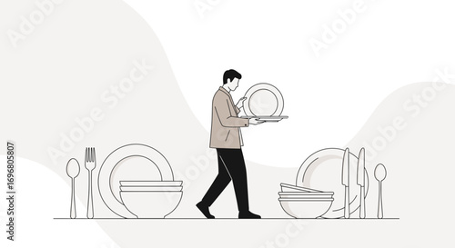 Waiter Serving Dishes in Minimalist Style for Restaurants and Food Service Businesses