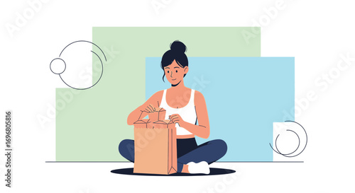 Woman Unpacking A Shopping Bag While Sitting, Simple Illustration, Modern Background