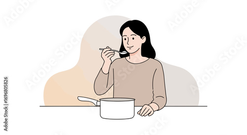 Woman Tasting Soup from a Pot, Illustration Focused on Culinary Activities and Flavor