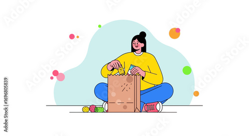 Woman Unpacks Groceries While Sitting, Colorful Illustration Depicting Food and Relaxation