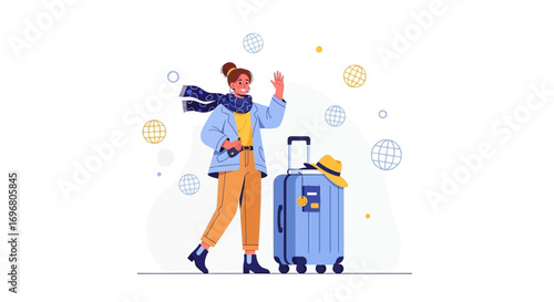 Woman Traveling And Welcoming Her Trip With Her Suitcase Full Of Adventures