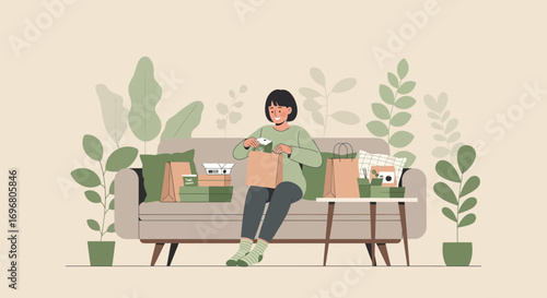 Woman Unpacks Shopping Bags, Exploring Purchases and Enjoying Leisure at Home