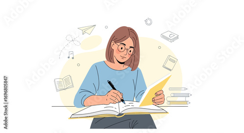 Woman Reading, Writing, And Imagining With Books, Design, And Creativity
