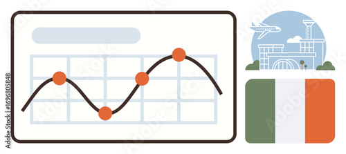 Graph with fluctuating data points beside Irish flag, airport, and airplane silhouette. Ideal for business, travel, economy, analytics, tourism Ireland trade. Minimal and simple flat metaphor