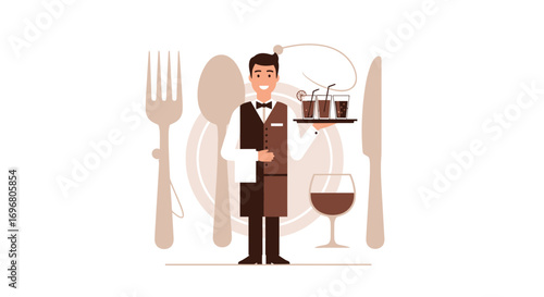 Waiter Serving Drinks, Table Set Up Illustration, Ready For Dinner Service Activity