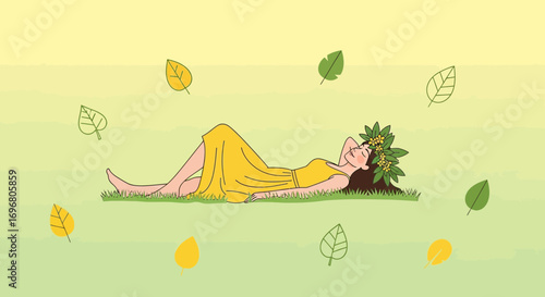Woman Reclining In Serenity, Adorned With Flowers, Under Falling Leaves