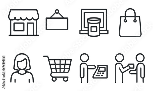 Retail shopping icons featuring store, cart, and customer service elements