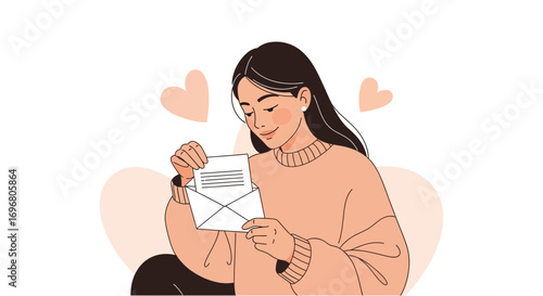 Woman Reading Letter, Expressing Joy And Contentment, With Subtle Heart Symbolism