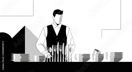 Waiter With Utensils And Tableware In Elegant Black And White Illustration