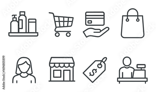Shopping icons: cart, credit card, bag, store, price tag, person