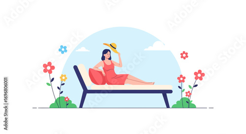Woman Relaxing On A Sun Lounger Under The Sky In An Illustrated Summer Scene