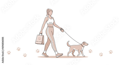 Woman Walking Dog During a Sunny Day: A Happy and Colorful Illustration