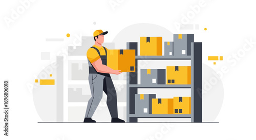 Warehouse Operative Holding Boxes, Illustrating Logistics and Storage Processes