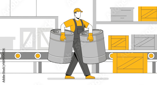 Warehouse Worker Transporting Metal Barrels, Illustrating Industrial Processes and Logistics