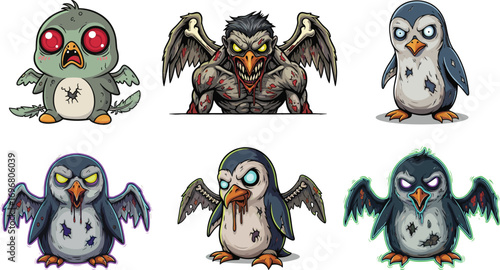 Cartoon zombie birds vector with glowing eyes, tattered feathers, creepy beaks, undead style, horror theme, spooky animal illustration set