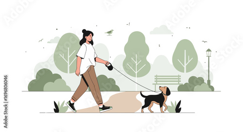 Woman Walking Her Dog During A Pleasant Day In Illustrated Park Environment