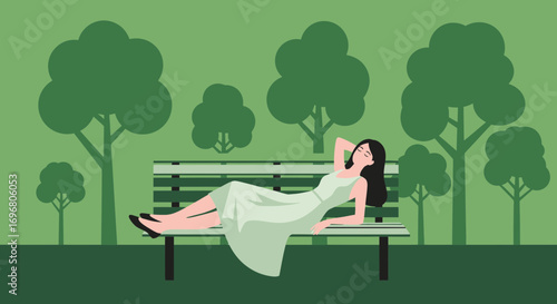 Woman Relaxing On Park Bench Under Shadowy Trees in Tranquil Green Setting