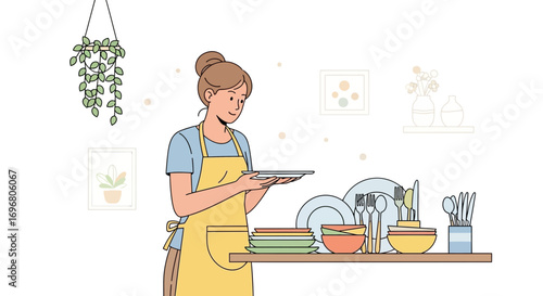 Woman Washing and Drying Dishes in Modern Kitchen, Domestic Chores, Kitchenware