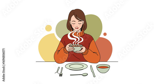 Warmth And Comfort: Illustration Depicting The Enjoyment Of Hot Soup In Winter