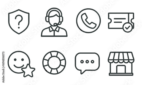 Customer support icons: call center, chat, ticket, help desk, rating