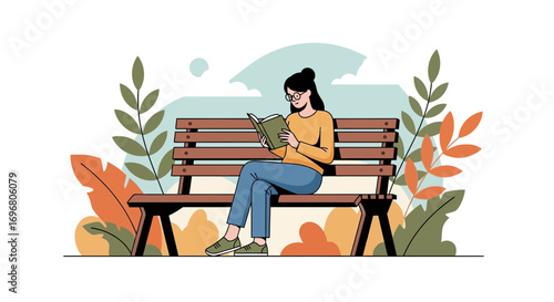 Woman Relaxing On Park Bench While Reading With Fall Foliage Aesthetic