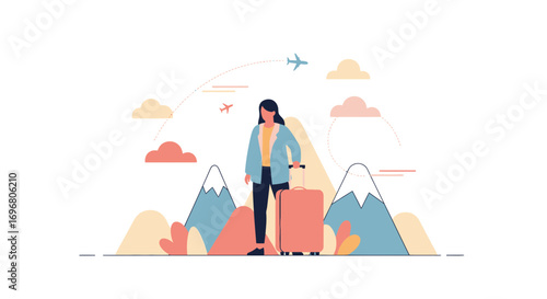 Woman With Suitcase Ready For Trip Departing From Mountains Near The Airplanes