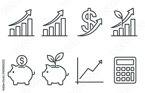 Financial growth icons set with graphs, piggy banks, and calculator symbols